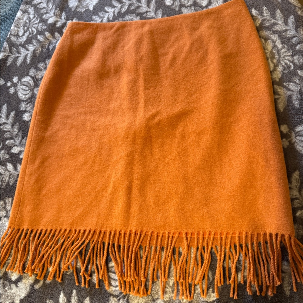 Vintage Orange Wool Pencil Skirt with Fringed Hem